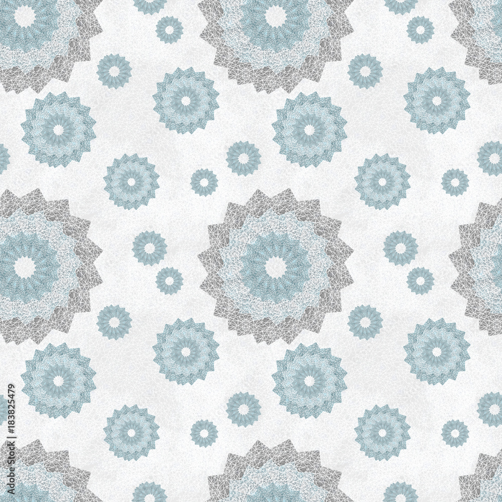 Seamless pattern with ornament of openwork lace round shapes. Geometric background with snowflake effect, pale blue and light gray. Delicate, airy, nice, soft, elegant, artistic image