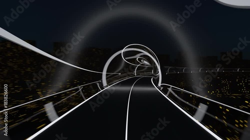Concept of hyperloop. High-speed passenger train moves in a glass tunnel against a background of a night cityscape with street lights, seamless, looping element photo