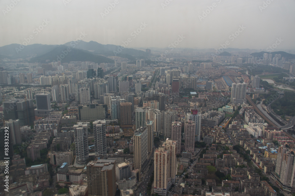 The aerial view to the skyscrapers in the Chinese city