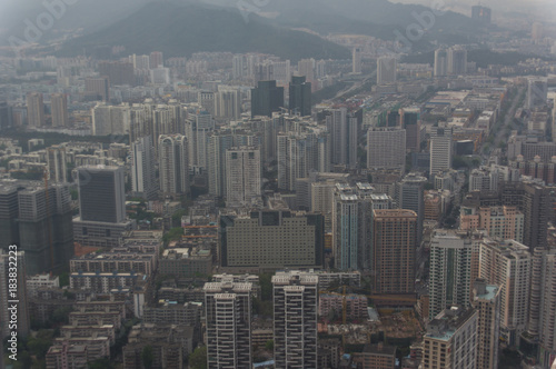 The aerial view to the skyscrapers in the Chinese city