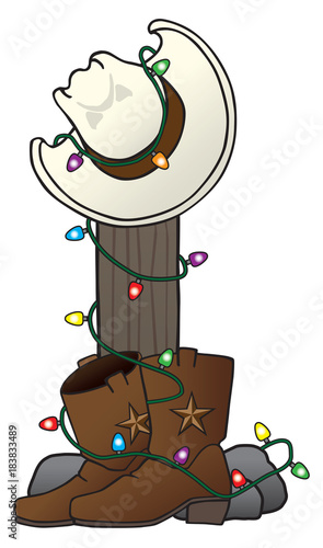 Cowboy hat and boots are decorated with Christmas lights