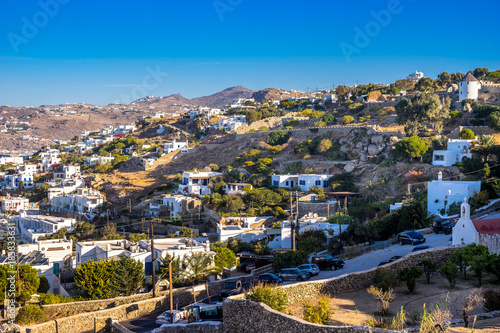 Panoramic view over the town of Mykonos Island in Greece at sunny day