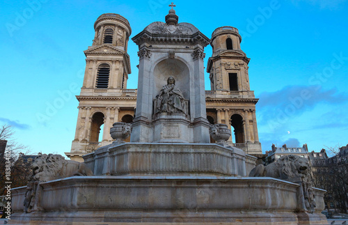 The view of of Saint-Sulpice fontain and church in Paris, France