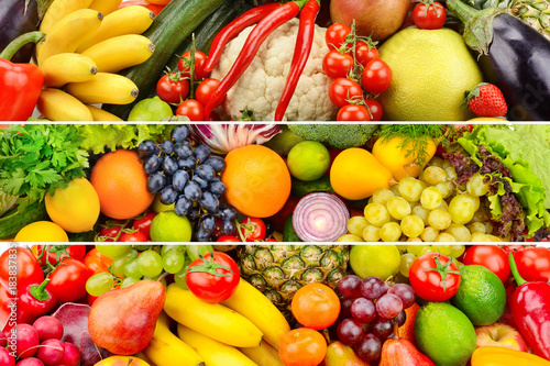 Wide collage of vegetables and fruits