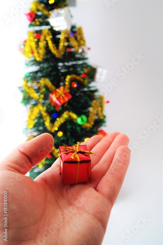 Kleines rotes Geschenk mit Tannenbaum im Hintergrund