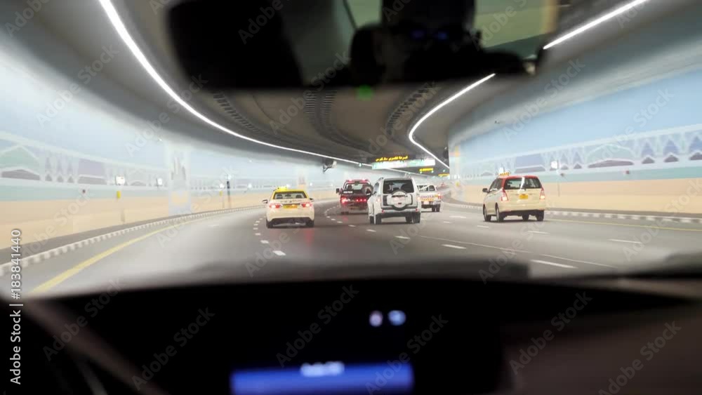 Vidéo Stock Car driving through tunnel, highway tunnel at night