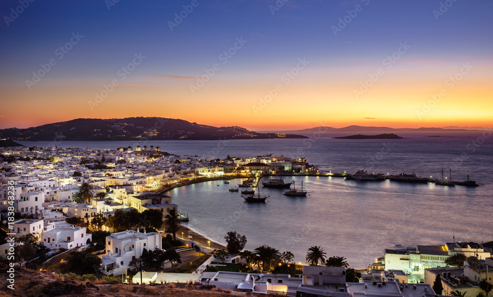 Mykonos island aerial panoramic view at sunset. Mykonos is a island, part of the Cyclades in Greece