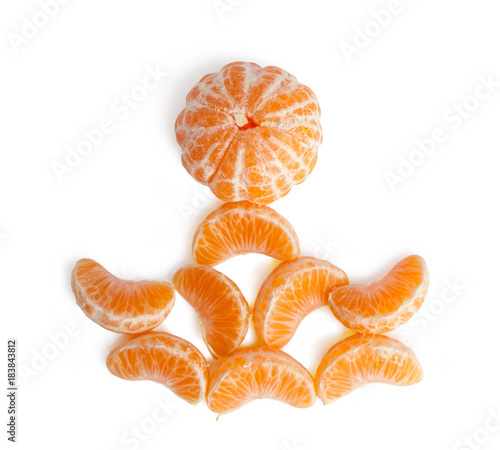 Composition of Fresh, Cleaned Tangerine Slices, Christmas Tree, Isolated on White Background