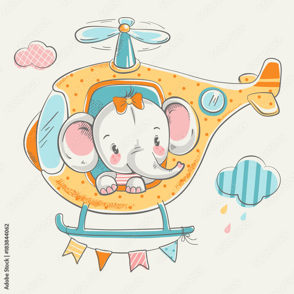 Fototapeta premium Ładny mały słoń na ilustracji wektorowych helikopter kreskówka ręcznie rysowane. Może być stosowany do nadruku na koszulce dziecięcej, projektowania modowego nadruku, odzieży dziecięcej, uroczystości baby shower, karty okolicznościowej i zaproszenia.