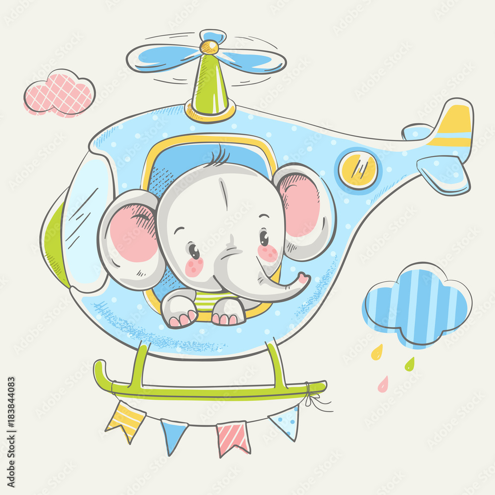 Naklejka premium Ładny mały słoń na ilustracji wektorowych helikopter kreskówka ręcznie rysowane. Może być stosowany do nadruku na koszulce dziecięcej, projektowania modowego nadruku, odzieży dziecięcej, uroczystości baby shower, karty okolicznościowej i zaproszenia.