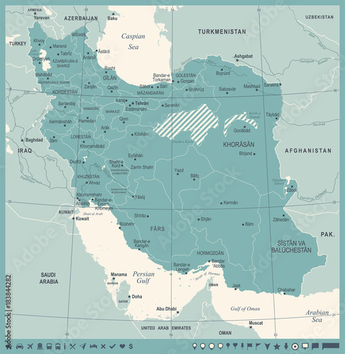Iran Map - Vintage Detailed Vector Illustration