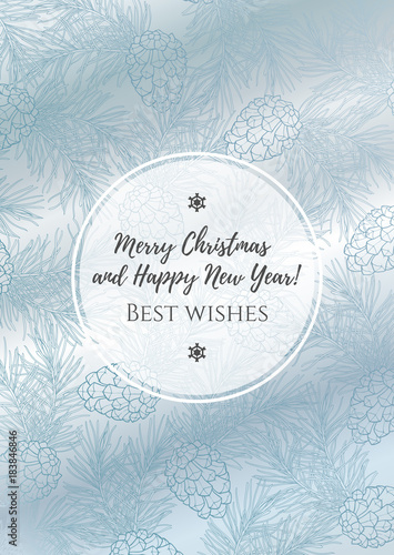 Template of snowy greeting card with pine and conifer ornament on metal background.