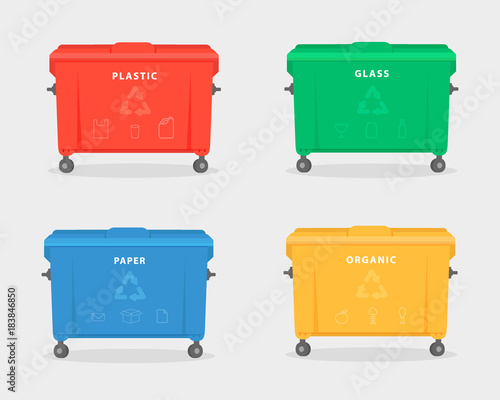 Garbage containers. Green, red, yellow, and blue trash dumpster for trash, like paper, glass, plastic, and food waste. Illustration isolated on white background. Trash recycling concept