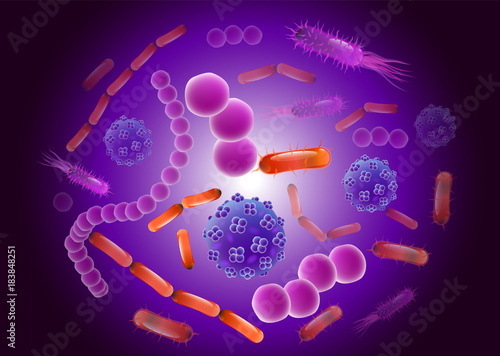 Virus bacteria cell cancer set background soup pattern. Science microbiology. Different bacteria types.