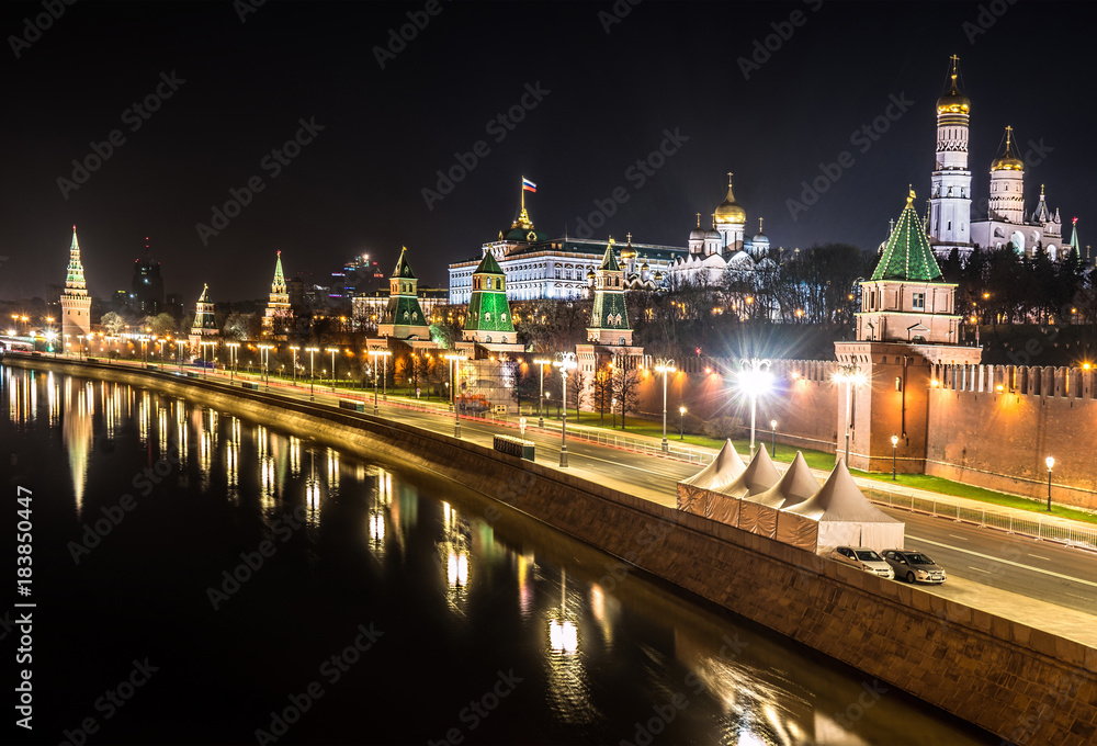 Moscow Kremlin at night with reflection in the Moscow river