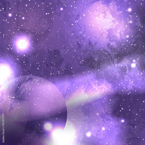 Ultra Violet galaxy space background with planet, starry cosmos. Vector illustration with world outer solar system. Nebula and galaxies in space.