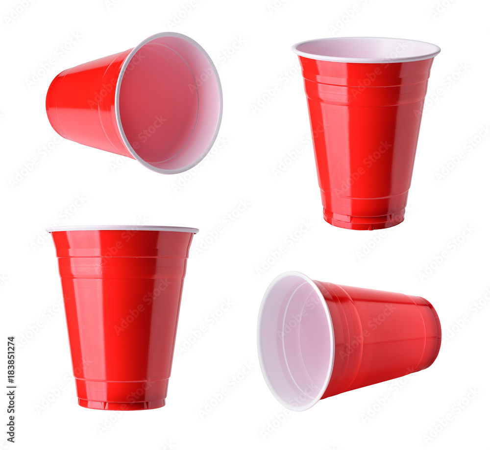 Red plastic party cups set, isolated on white background - obrazy, fototapety, plakaty 
