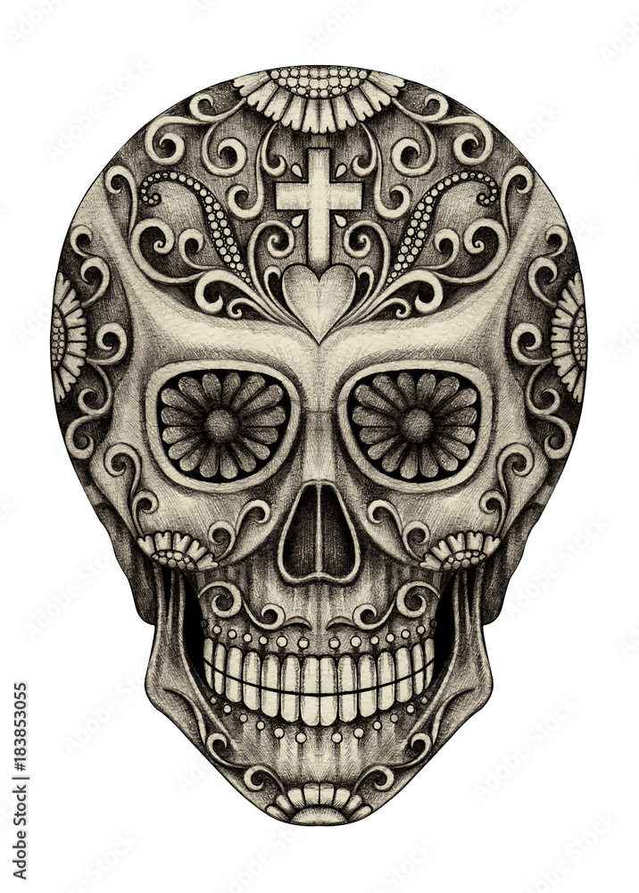 Art Sugar Skull Day of the dead. Hand pencil drawing on paper. Art Sugar Skull Day of the dead. Hand pencil drawing on paper.