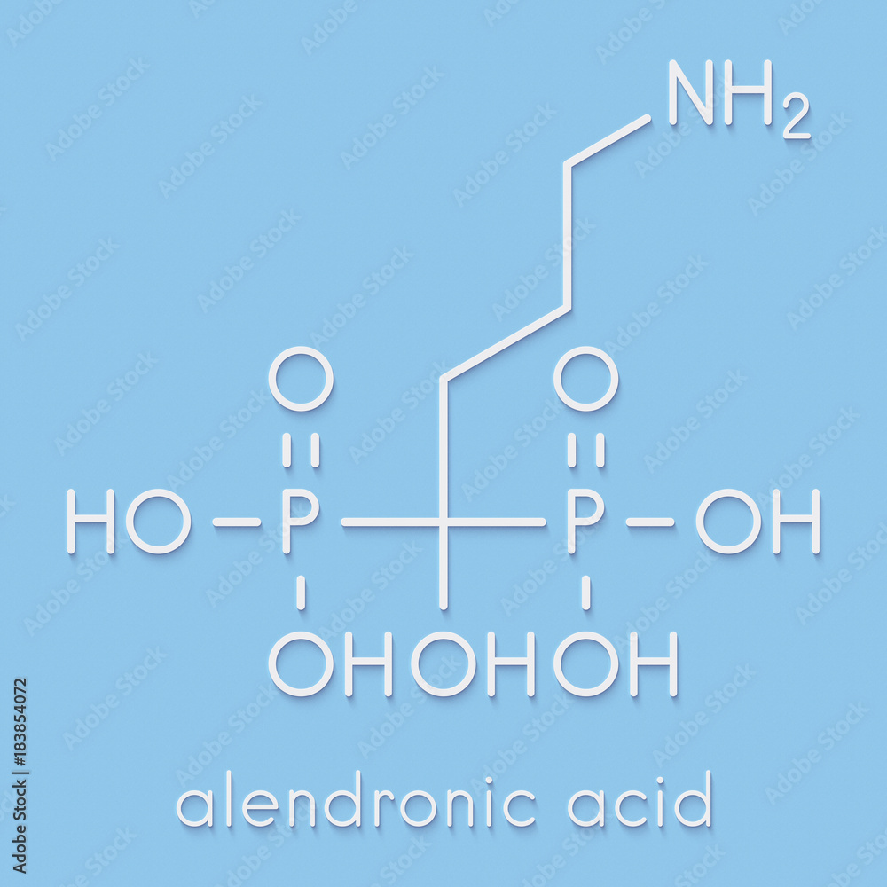 Alendronic acid (alendronate, bisphosphonate class) osteoporosis drug molecule. Skeletal formula.