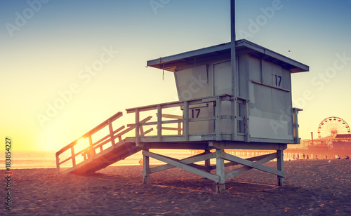 Santa Monica beach lifeguard tower in California USA at sunset © chones