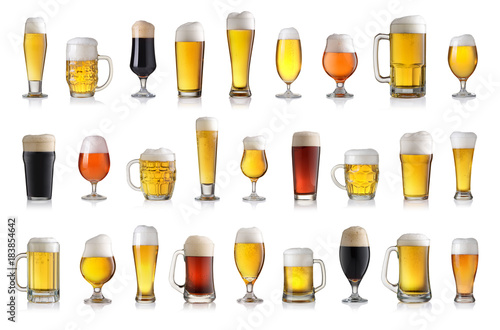 Set of various full beer glasses. Isolated on white background