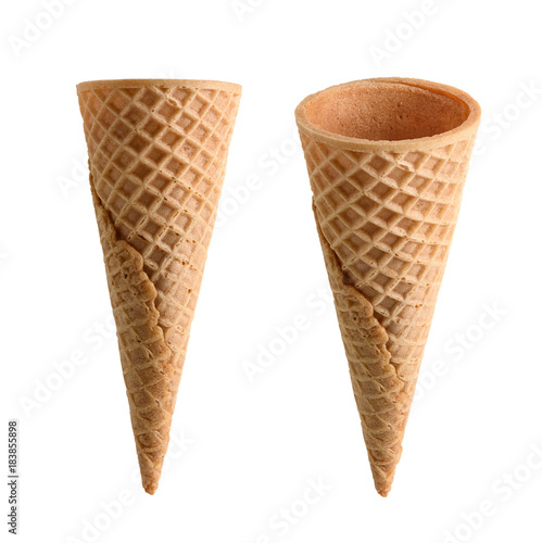 Collection of empty ice cream cone isolated on white background