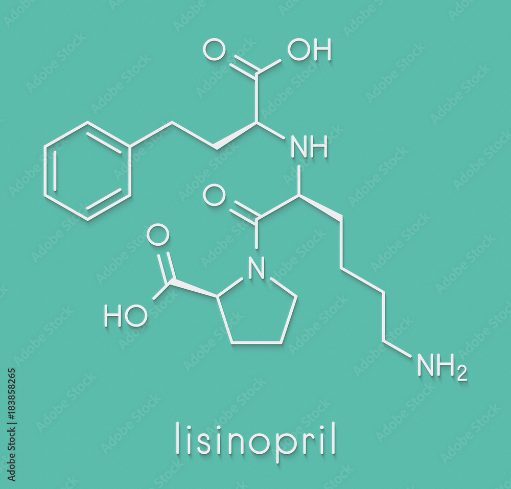 Lisinopril hypertension or high blood pressure drug (ACE inhibitor) molecule. Skeletal formula. Lisinopril hypertension or high blood pressure drug (ACE inhibitor) molecule. Skeletal formula.