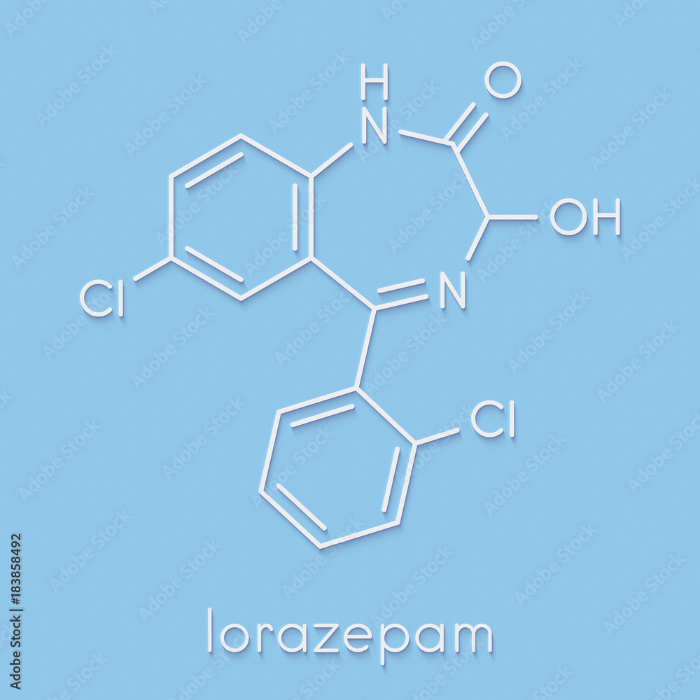 Lorazepam sedative and hypnotic drug (benzodiazepine class) molecule. Skeletal formula. Stock