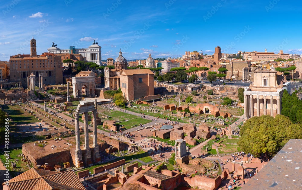 Panoramic image of Roman Forum in Rome, Italy