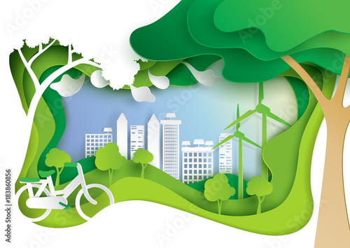 Nature landscape and eco friendly concept.Paper carve of environment conservation conceptual design paper art style.Vector illustration.