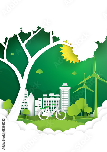 Eco and nature concept paper art style design.Nature landscape with green city and environment conservation concept.Vector illustration.