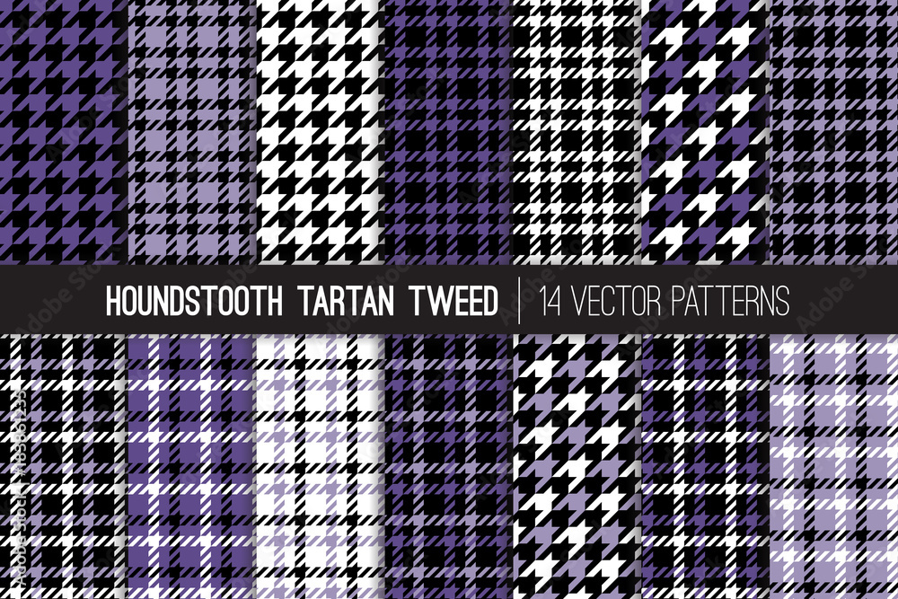 Ultra Violet Houndstooth Tartan Tweed Vector Patterns. High Fashion Textile Textures. Set of Dogs-tooth Check Fabric Backgrounds. 2018 Color of the Year. Pattern Tile Swatches Included.
