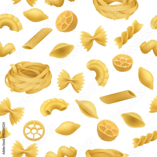 Pasta pattern seamless, realistic style. Background of Italian flour products. Vector illustrations fetuchini, spaghetti, cannelloni, farfalle concept