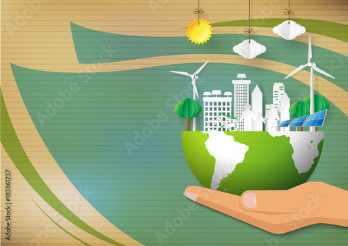 Green Eco concept background.Eco life in green city with save the world concept design.Vector illustration.