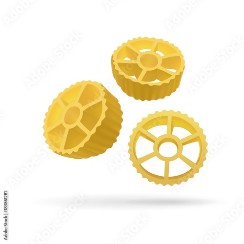 Three routes pasta, realistic isolated style. Round delicious Italian gears made from flour. Vector illustration of macaroni