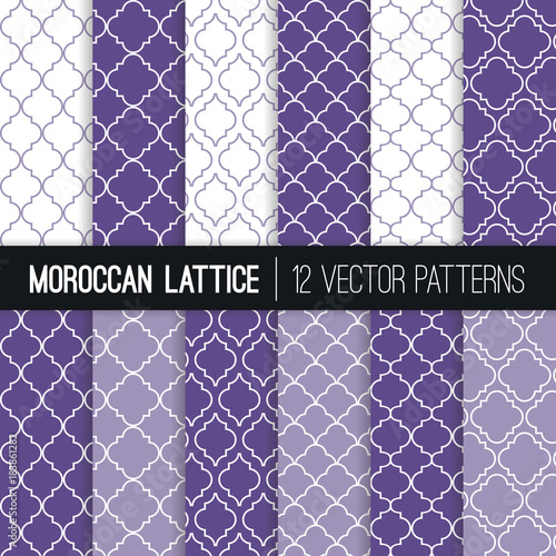 Moroccan Lattice Patterns in Ultra Violet - 2018 Color of the Year. Modern Elegant Backgrounds. Classic Quatrefoil Trellis Ornament. Vector Pattern Tile Swatches Included.