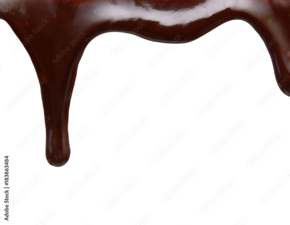 Close up of chocolate syrup leaking on white background Close up of chocolate syrup leaking on white background