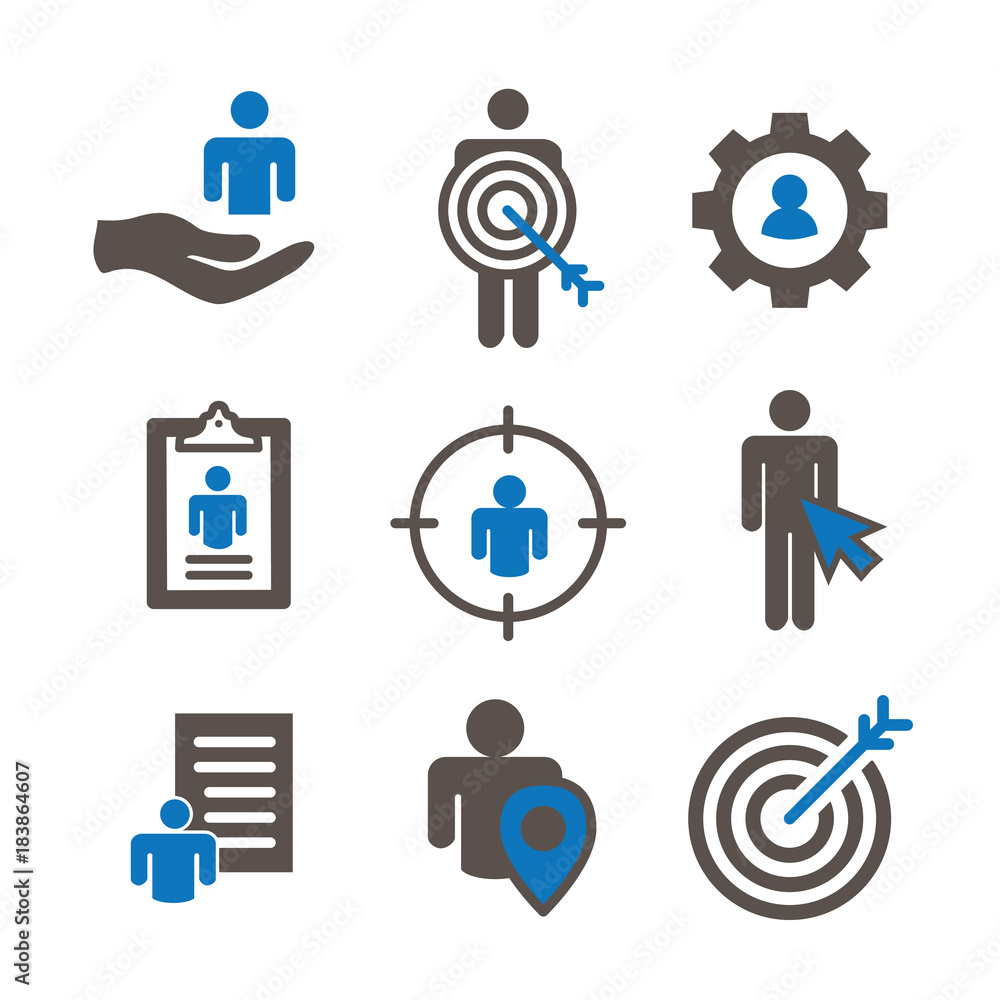 Target market icons of buyer image and persona - gear, arrow, nurturing leads Target market icons of buyer image and persona - gear, arrow, nurturing leads