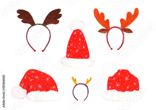 Set of Christmas hats Santa Claus and hoops with horns of deer watercolor