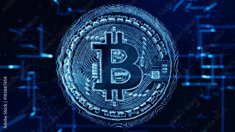 Abstract animation of bitcoin currency sign made with binary code in digital cyberspace. Zoom out btc cyber technology