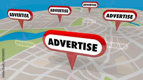 Fényképezés Advertise Pins on Map Marketing Promotion 3d Illustration