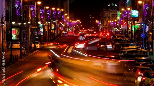 Evening Vladivostok on the eve of New Year's holidays. Central Street of Vladivostok. VLADIVOSTOK, DECEMBER. 2018 photo