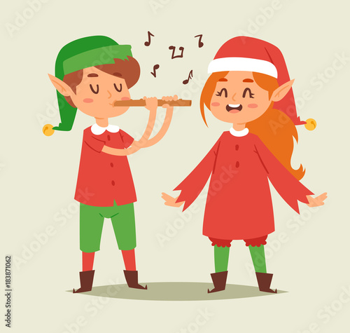 Christmas elfs kids vector children Santa Claus helpers cartoon elfish boys and girls young characters traditional costume celebrated