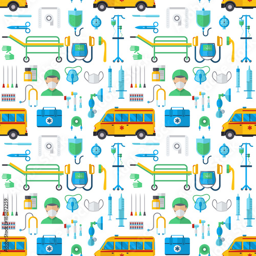 Ambulance medicine health emergency hospital urgent pharmacy pill support paramedic treatment seamless pattern background vector illustration