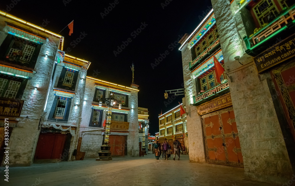 A streetscape at night in Lhasa