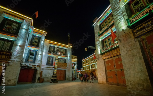 A streetscape at night in Lhasa