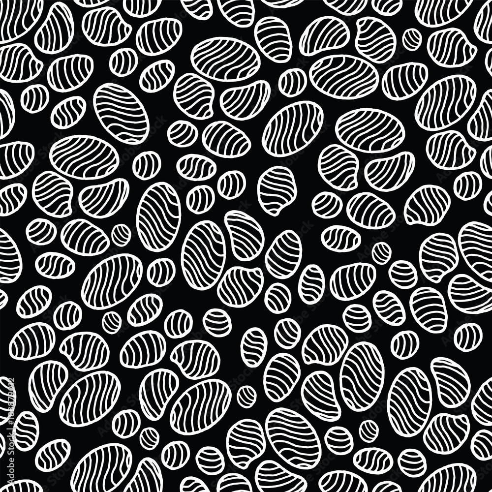 Fototapeta premium Sea stone doodle seamless pattern. White gravel on black background. Vector illustration