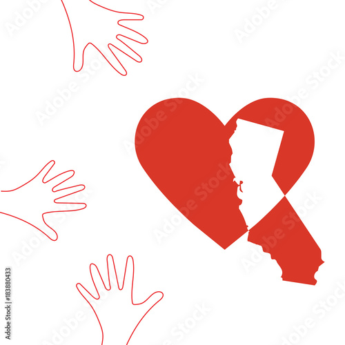 Support illustration for charity donation and relief work after wildfires in southern California, Los Angeles county. Helping Hands, Heart shape and California map silhouette.