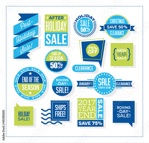 Set of after Christmas and end of season sale design spots and emblems. Vector illustration.