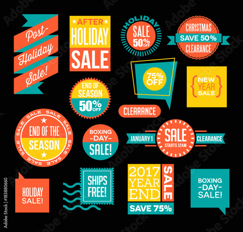 Set of after Christmas and end of season sale design spots and emblems. Vector illustration.